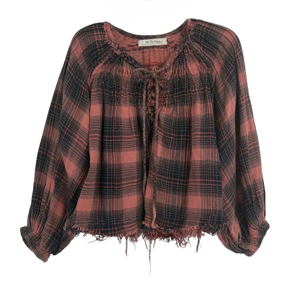 We The Free People Cloud Breaker Top brown-black size XS Raw Hem Balloon Sleeve